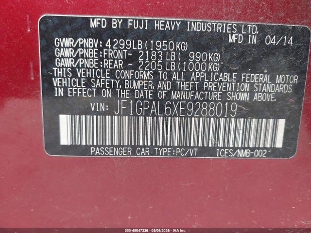 45047336 :رقم المزاد ، JF1GPAL6XE9288019 vin ، 2014 Subaru Impreza 2.0i Sport Premium مزاد بيع