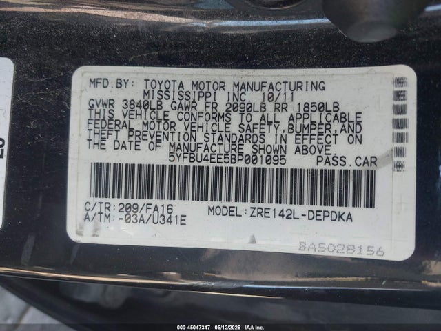 Продажа на аукционе авто 2011 Toyota Corolla, vin: 5YFBU4EE5BP001095, номер лота: 45047347