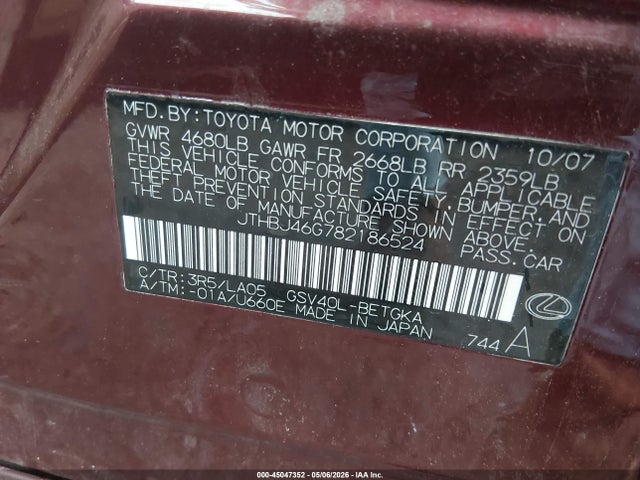45047352 :رقم المزاد ، JTHBJ46G782186524 vin ، 2008 Lexus Es 350 مزاد بيع
