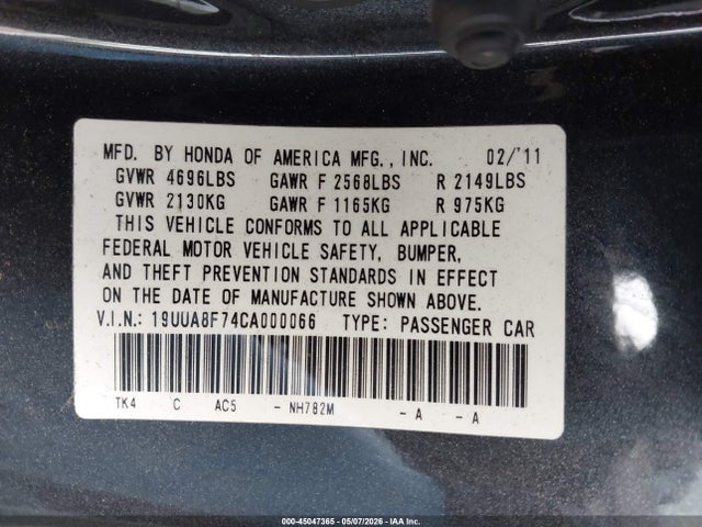 45047365 :رقم المزاد ، 19UUA8F74CA000066 vin ، 2012 Acura Tl 3.5 مزاد بيع