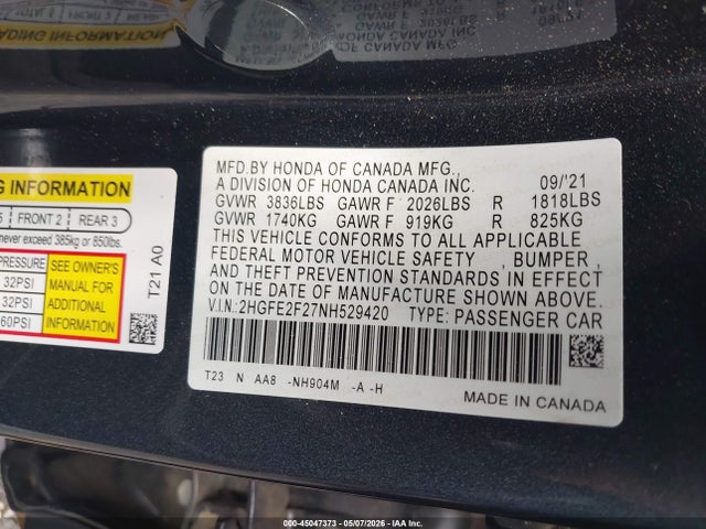 Продаж на аукціоні авто 2022 Honda Civic Lx, vin: 2HGFE2F27NH529420, номер лоту: 45047373