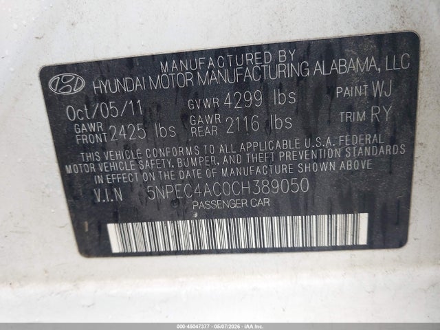 Продаж на аукціоні авто 2012 Hyundai Sonata Se, vin: 5NPEC4AC0CH389050, номер лоту: 45047377