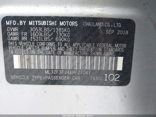 Продаж на аукціоні авто 2019 Mitsubishi Mirage G4 Es, vin: ML32F3FJ4KHF01041, номер лоту: 45047385
