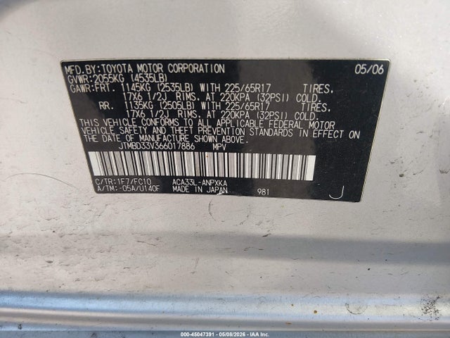 2006 Toyota Rav4 მანქანა იყიდება აუქციონზე, vin: JTMBD33V366017886, აუქციონის ნომერი: 45047391