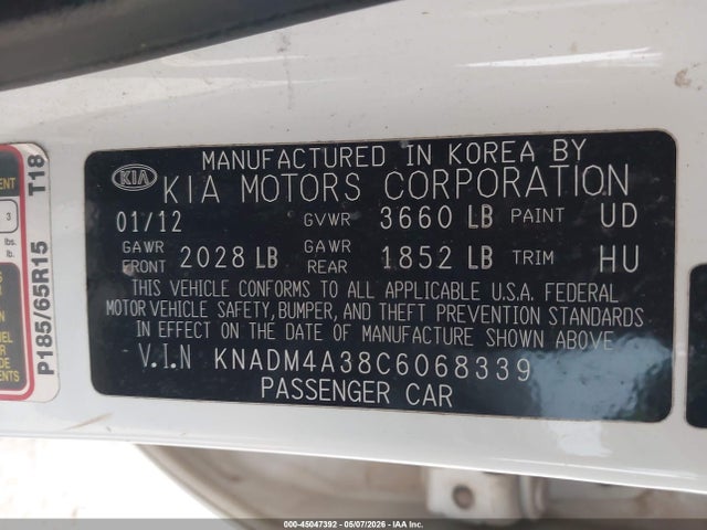 Продажа на аукционе авто 2012 Kia Rio Lx, vin: KNADM4A38C6068339, номер лота: 45047392