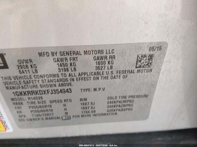 45047413 :رقم المزاد ، 1GKKRRKDXFJ354943 vin ، 2015 Gmc Acadia Slt-1 مزاد بيع