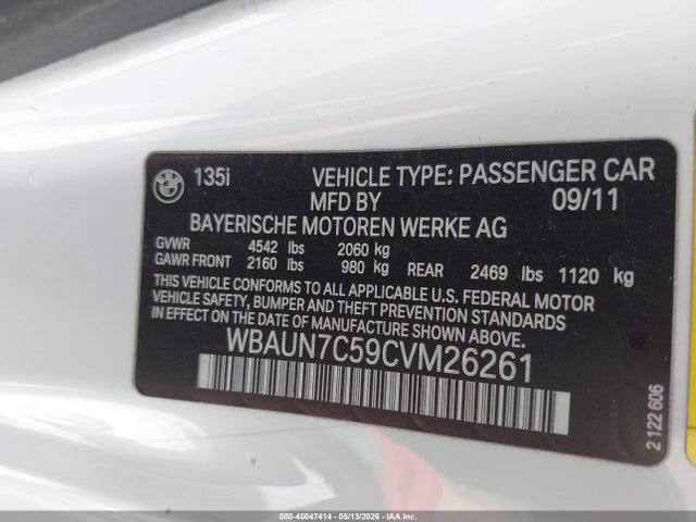 2012 Bmw 135i მანქანა იყიდება აუქციონზე, vin: WBAUN7C59CVM26261, აუქციონის ნომერი: 45047414