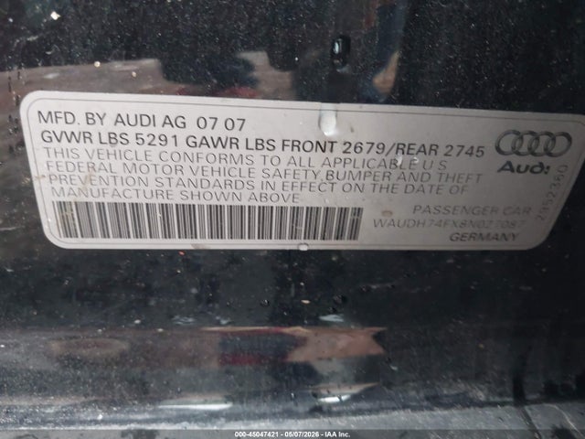 Aukcja sprzedaży 2008 Audi A6 3.2, vin: WAUDH74FX8N027087, numer aukcji: 45047421