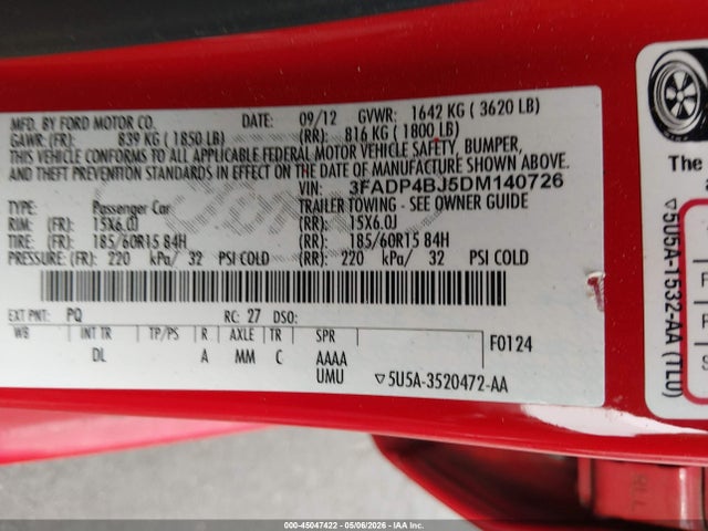 Продажа на аукционе авто 2013 Ford Fiesta Se, vin: 3FADP4BJ5DM140726, номер лота: 45047422