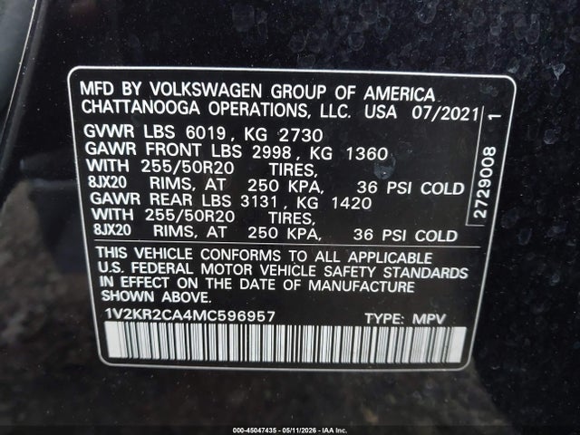 Aukcja sprzedaży 2021 Volkswagen Atlas 3.6l V6 Se W/technology, vin: 1V2KR2CA4MC596957, numer aukcji: 45047435