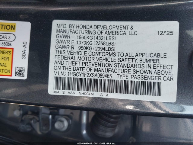 Aukcja sprzedaży 2025 Honda Accord Lx, vin: 1HGCY1F2XSA089465, numer aukcji: 45047445