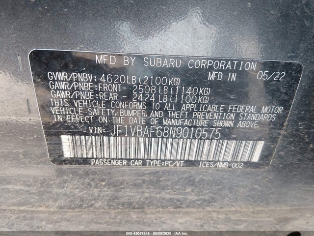 45047446 :رقم المزاد ، JF1VBAF68N9010575 vin ، 2022 Subaru Wrx Premium مزاد بيع