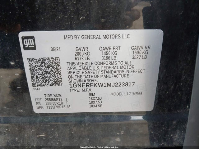 45047452 :رقم المزاد ، 1GNERFKW1MJ223817 vin ، 2021 Chevrolet Traverse Fwd Ls مزاد بيع