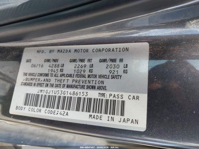 45047457 :رقم المزاد ، JM1GJ1U53G1486153 vin ، 2016 Mazda Mazda6 مزاد بيع