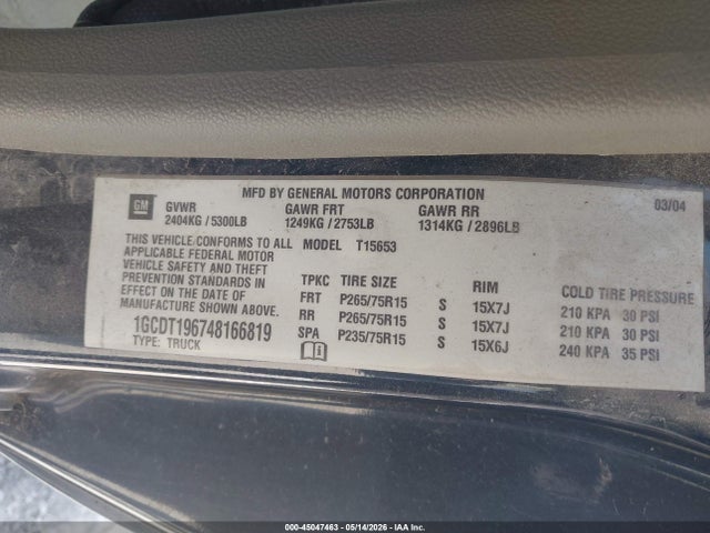 Aukcja sprzedaży 2004 Chevrolet Colorado, vin: 1GCDT196748166819, numer aukcji: 45047463