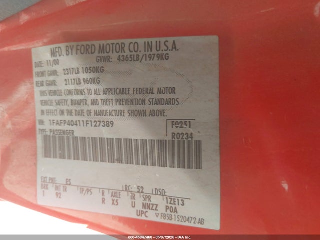 Продаж на аукціоні авто 2001 Ford Mustang, vin: 1FAFP40411F127389, номер лоту: 45047468