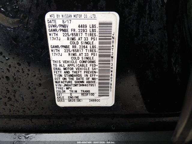 2017 Nissan Rogue S მანქანა იყიდება აუქციონზე, vin: JN8AT2MT3HW407951, აუქციონის ნომერი: 45047485