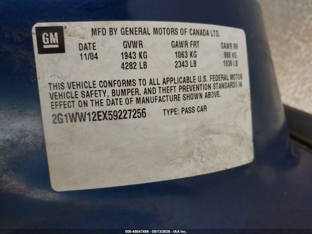 45047486 :رقم المزاد ، 2G1WW12EX59227256 vin ، 2005 Chevrolet Monte Carlo Ls مزاد بيع