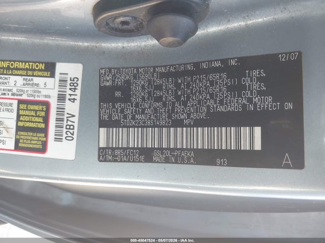 Продажа на аукционе авто 2008 Toyota Sienna Le, vin: 5TDZK23C38S149823, номер лота: 45047524