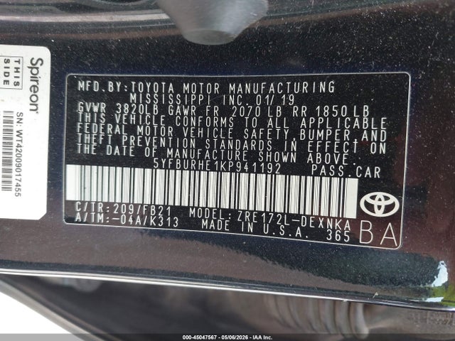 Продаж на аукціоні авто 2019 Toyota Corolla Le, vin: 5YFBURHE1KP941192, номер лоту: 45047567