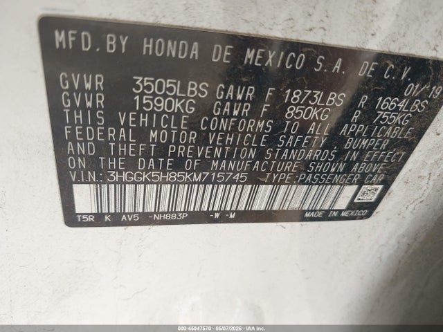 Honda FIT EX 2019 3HGGK5H85KM715745 Image 9