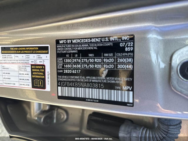 45047572 :رقم المزاد ، 4JGFB4KB5NA803815 vin ، 2022 Mercedes-benz Gle 350 4matic مزاد بيع
