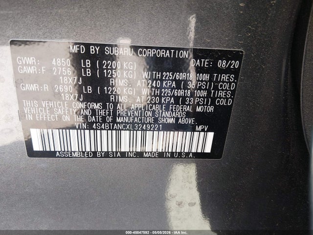 Aukcja sprzedaży 2020 Subaru Outback Limited, vin: 4S4BTANCXL3249221, numer aukcji: 45047592