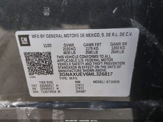 2021 Chevrolet Equinox Awd Lt მანქანა იყიდება აუქციონზე, vin: 3GNAXUEV6ML326817, აუქციონის ნომერი: 45047597