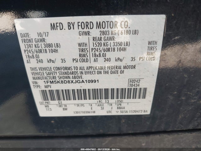 Aukcja sprzedaży 2018 Ford Explorer Xlt, vin: 1FM5K8D8XJGA10991, numer aukcji: 45047602