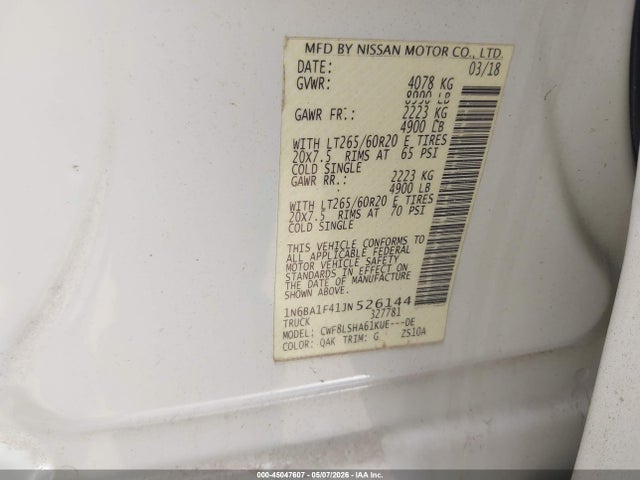 Продажа на аукционе авто 2018 Nissan Titan Xd Sv Diesel, vin: 1N6BA1F41JN526144, номер лота: 45047607