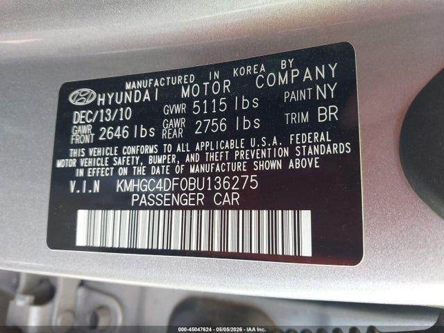 Продажа на аукционе авто 2011 Hyundai Genesis 4.6, vin: KMHGC4DF0BU136275, номер лота: 45047624