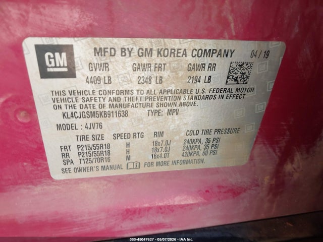 Aukcja sprzedaży 2019 Buick Encore Awd Essence, vin: KL4CJGSM5KB911638, numer aukcji: 45047627