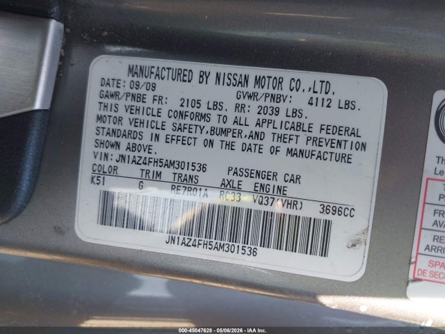 Aukcja sprzedaży 2010 Nissan 370z, vin: JN1AZ4FH5AM301536, numer aukcji: 45047628