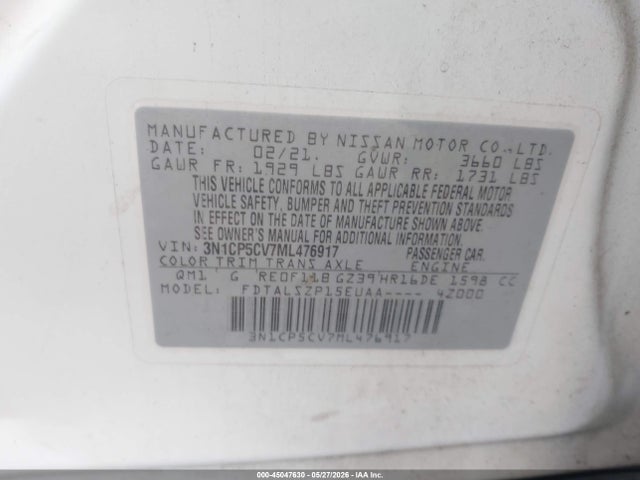 Auction sale of the 2021 Nissan Kicks Sv Xtronic Cvt, vin: 3N1CP5CV7ML476917, lot number: 45047630