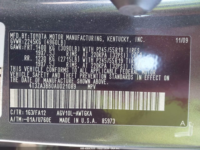 Aukcja sprzedaży 2010 Toyota Venza, vin: 4T3ZA3BB0AU021089, numer aukcji: 45047635