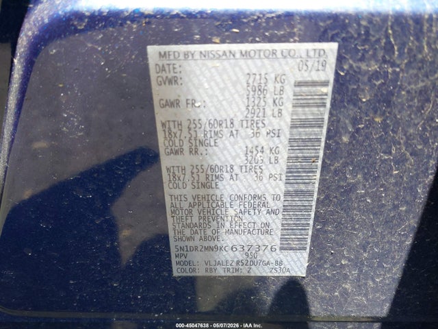 Продаж на аукціоні авто 2019 Nissan Pathfinder Sv, vin: 5N1DR2MN9KC637376, номер лоту: 45047638