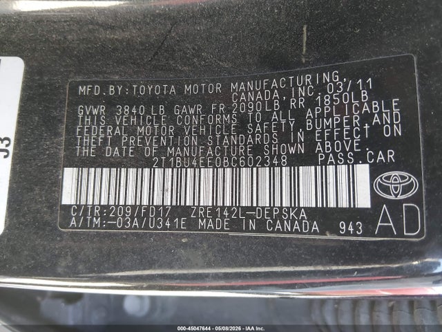 45047644 :رقم المزاد ، 2T1BU4EE0BC602348 vin ، 2011 Toyota Corolla S مزاد بيع