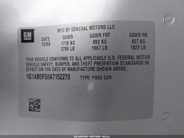 45047650 :رقم المزاد ، 1G1AB5F58A7152270 vin ، 2010 Chevrolet Cobalt Ls مزاد بيع
