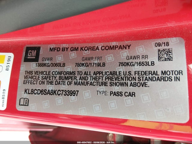 45047652 :رقم المزاد ، KL8CD6SA8KC733997 vin ، 2019 Chevrolet Spark 1lt Cvt مزاد بيع