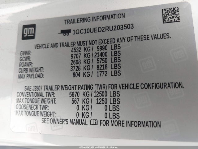 Auction sale of the 2024 Chevrolet Silverado Ev Work Truck, vin: 1GC10UED2RU203503, lot number: 45047657