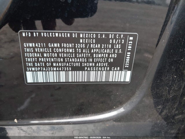 Продажа на аукционе авто 2013 Volkswagen Jetta 2.5l Se, vin: 3VWDP7AJ2DM447359, номер лота: 45047662