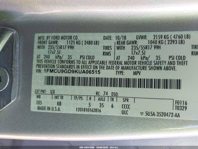 1FMCU9GD9KUA06515 Ford ESCAPE SE