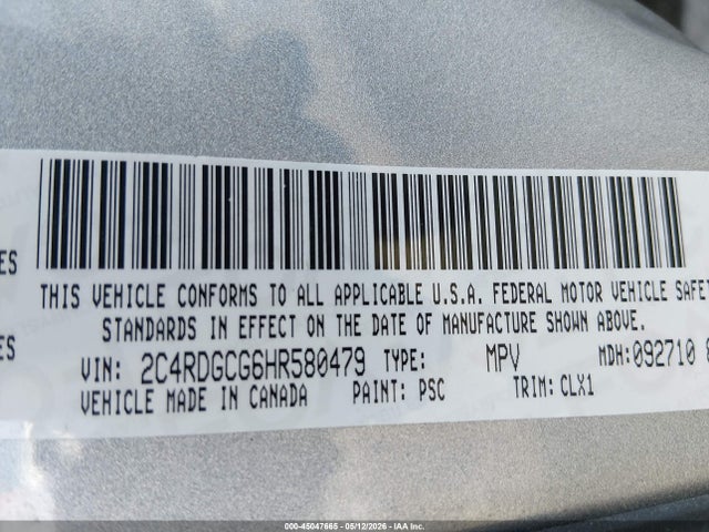 2017 Dodge Grand Caravan Sxt მანქანა იყიდება აუქციონზე, vin: 2C4RDGCG6HR580479, აუქციონის ნომერი: 45047665