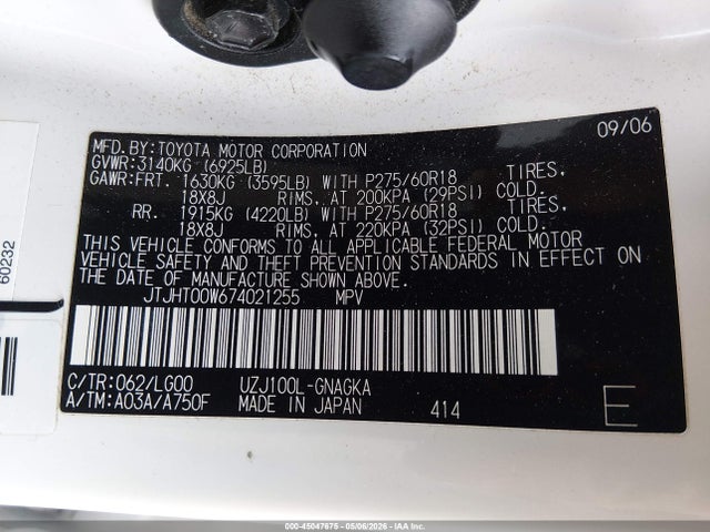 45047675 :رقم المزاد ، JTJHT00W674021255 vin ، 2007 Lexus Lx 470 مزاد بيع