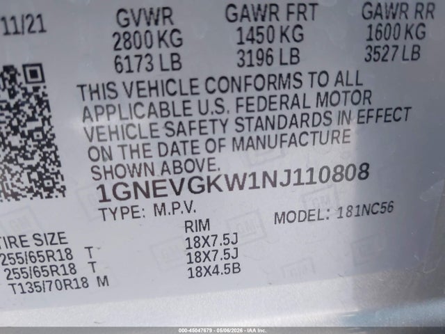 Продажа на аукционе авто 2022 Chevrolet Traverse Awd Lt Cloth, vin: 1GNEVGKW1NJ110808, номер лота: 45047679