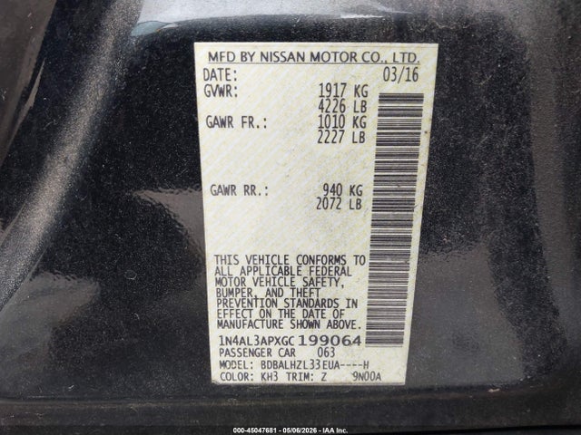 Aukcja sprzedaży 2016 Nissan Altima 2.5 Sr, vin: 1N4AL3APXGC199064, numer aukcji: 45047681
