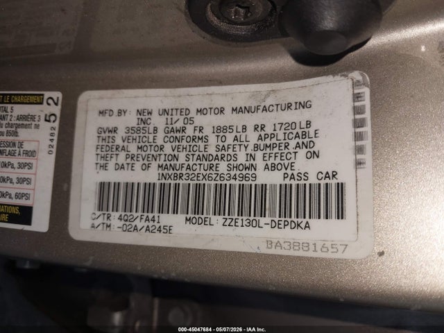45047684 :رقم المزاد ، 1NXBR32EX6Z634969 vin ، 2006 Toyota Corolla Ce مزاد بيع
