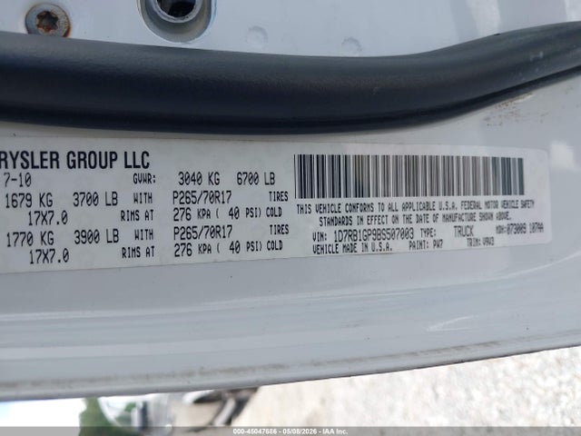 2011 Ram Ram 1500 Slt მანქანა იყიდება აუქციონზე, vin: 1D7RB1GP9BS507003, აუქციონის ნომერი: 45047686