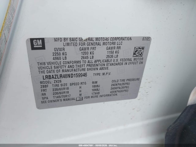 Aukcja sprzedaży 2022 Buick Envision Fwd Preferred, vin: LRBAZLR48ND159946, numer aukcji: 45047691