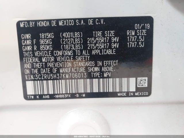 3CZRU5H37KM706013 Honda HR-V LX